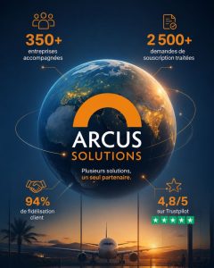 Chiffres clés d’Arcus Solutions : 350 entreprises accompagnées, 2 500 demandes de souscription traitées, 94 % de fidélisation client, 4,8/5 sur Trustpilot
